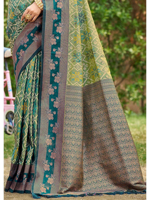 Ethnic Teal Green Floral & Geometric Zari Weaving Silk Blend Saree With Tassels Pallu - Image 2