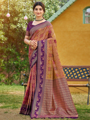 Ethnic Mustard Floral & Geometric Zari Weaving Silk Blend Saree With Tassels Pallu - Image 1