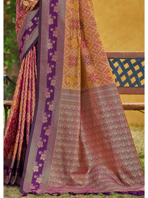 Ethnic Mustard Floral & Geometric Zari Weaving Silk Blend Saree With Tassels Pallu - Image 2