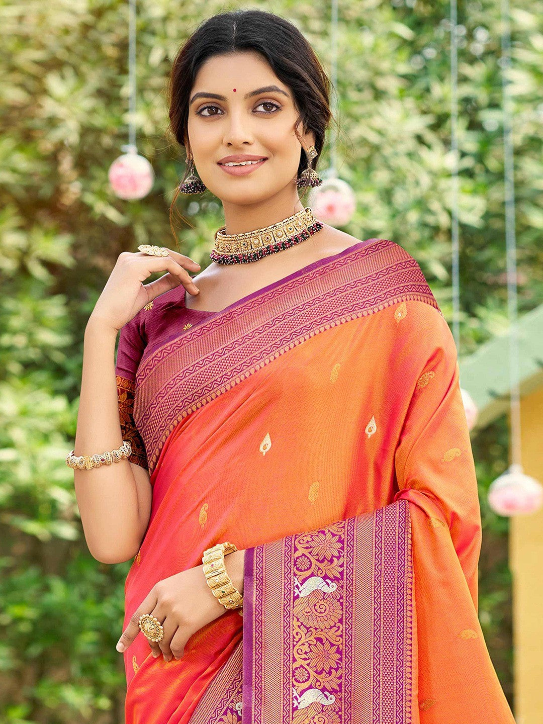 Classic Coral Orange Floral & Peacock Design Zari Woven Silk Blend Saree With Trendy Tassel Pallu - Image 5