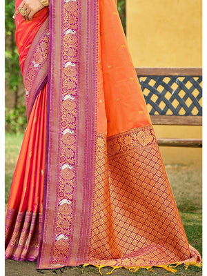Classic Coral Orange Floral & Peacock Design Zari Woven Silk Blend Saree With Trendy Tassel Pallu - Image 2