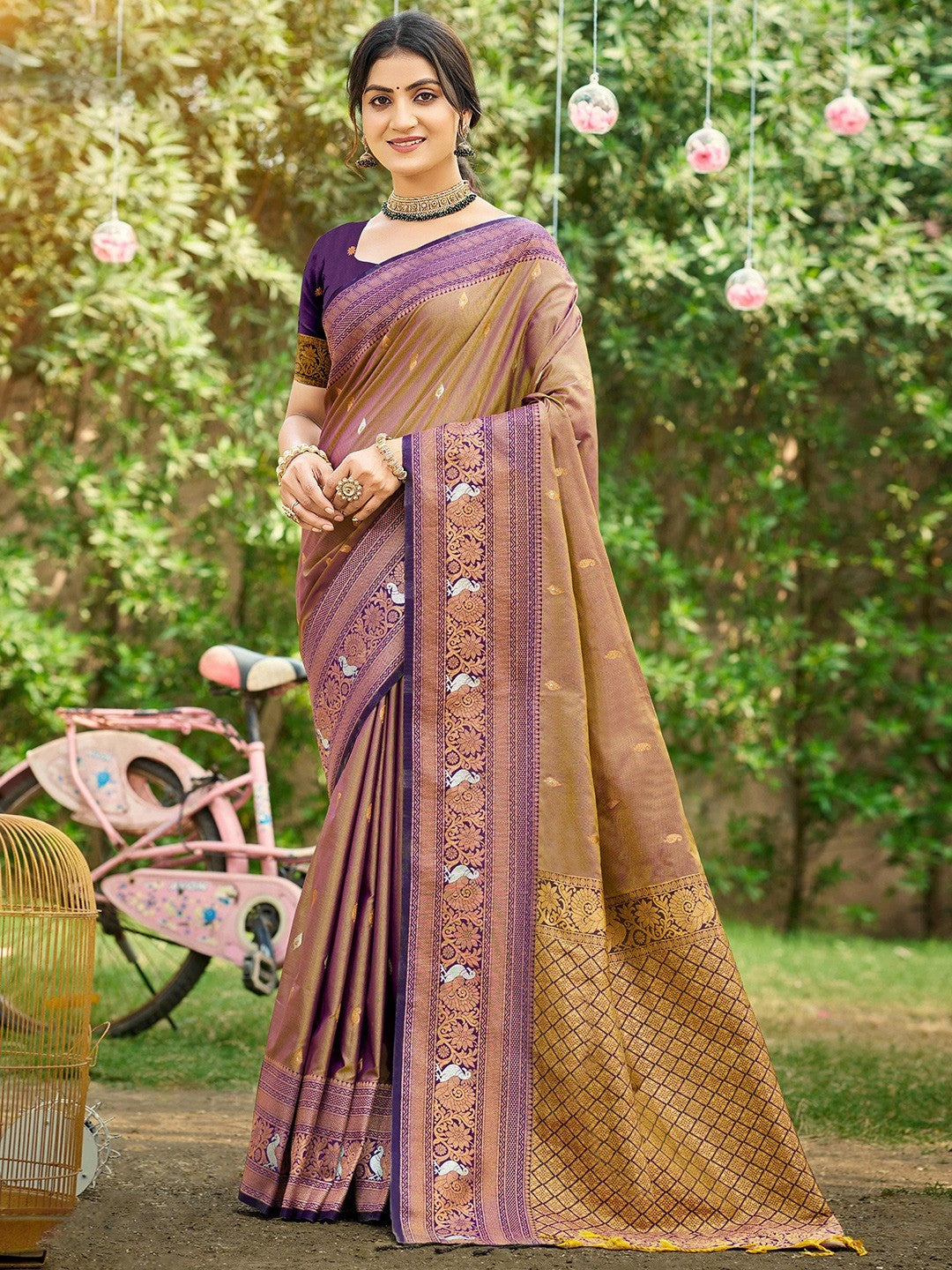 Classic Mocha Brown Floral & Peacock Design Zari Woven Silk Blend Saree With Trendy Tassel Pallu - Image 1