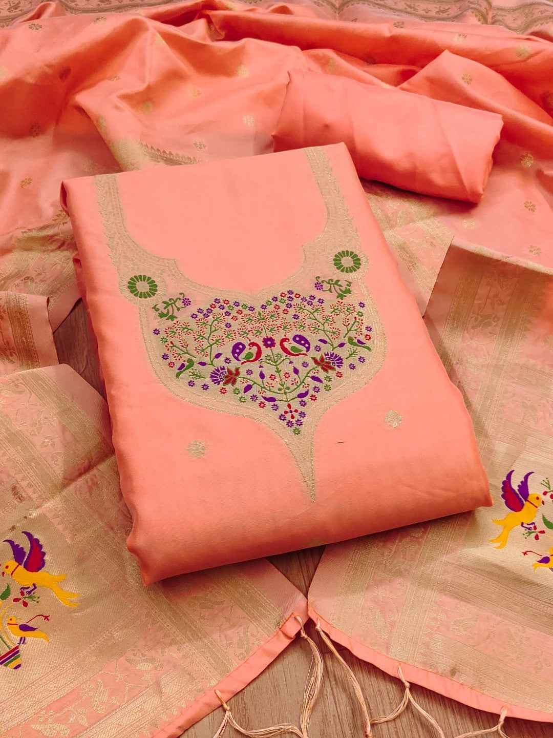 Elegant Peach Banarasi Silk Unstitched Dress Material with Dupatta - Image 5
