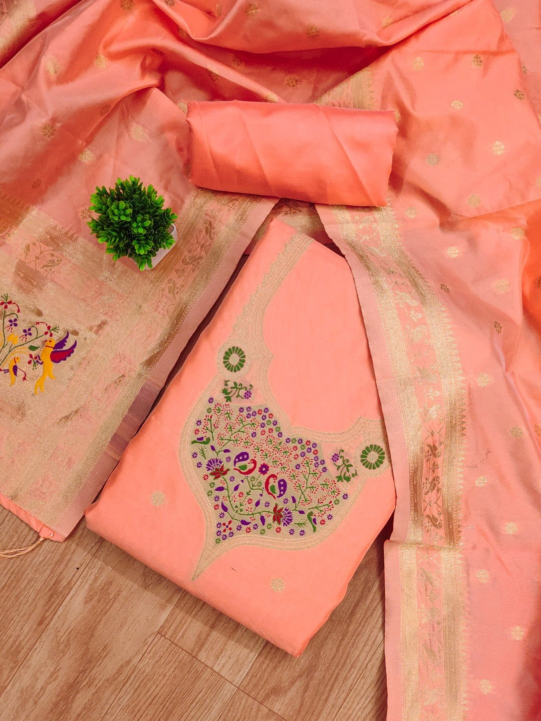 Elegant Peach Banarasi Silk Unstitched Dress Material with Dupatta - Image 1
