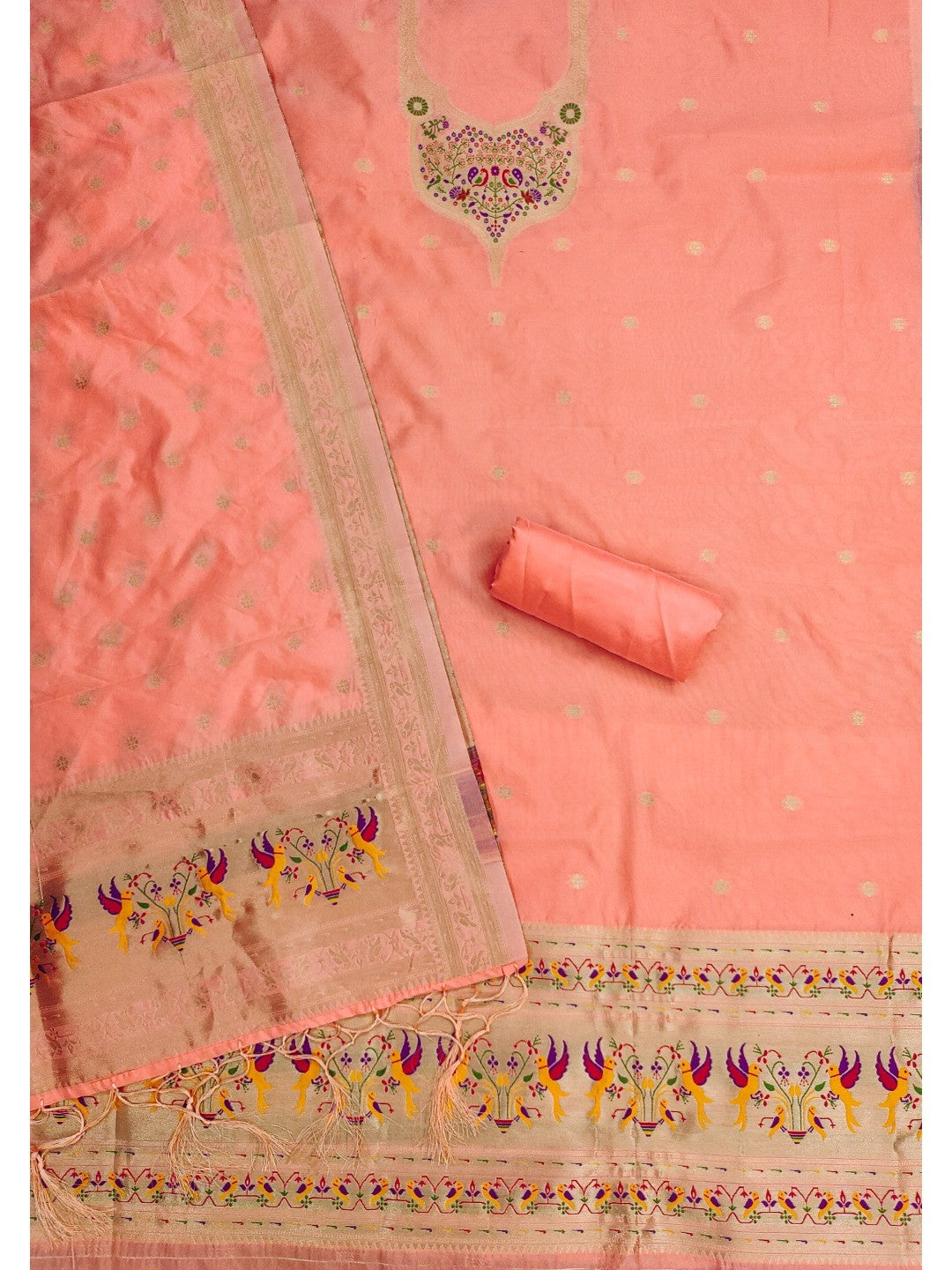 Elegant Peach Banarasi Silk Unstitched Dress Material with Dupatta - Image 4