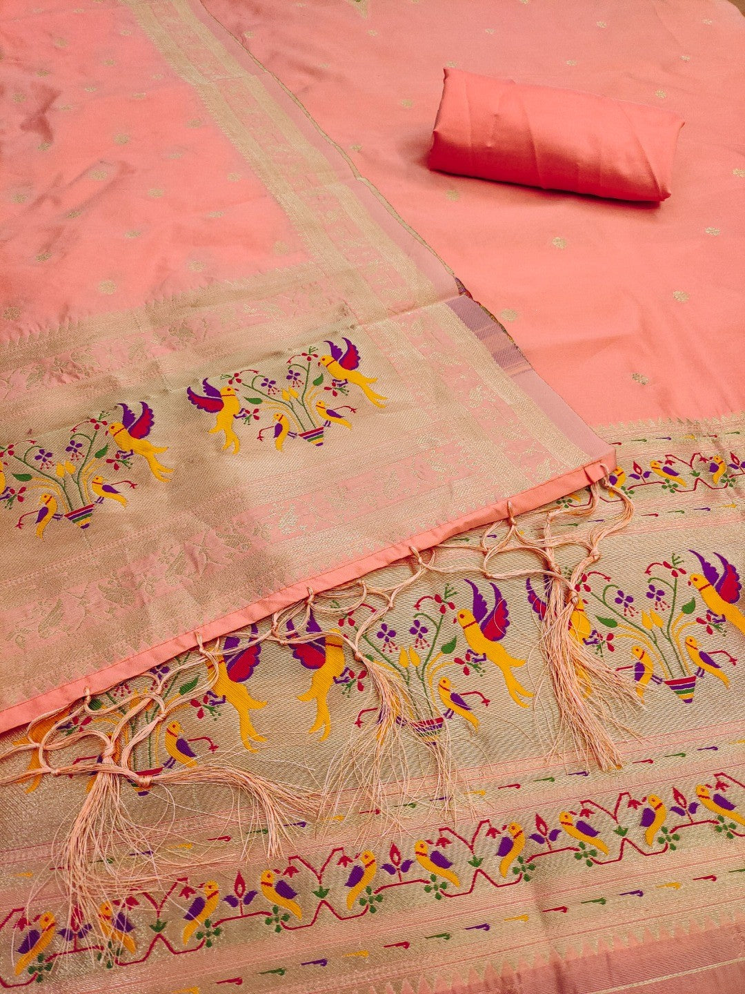 Elegant Peach Banarasi Silk Unstitched Dress Material with Dupatta - Image 3
