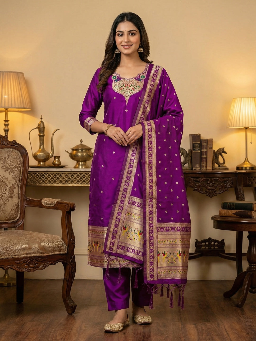 Elegant Purple Banarasi Silk Unstitched Dress Material with Dupatta - Image 2