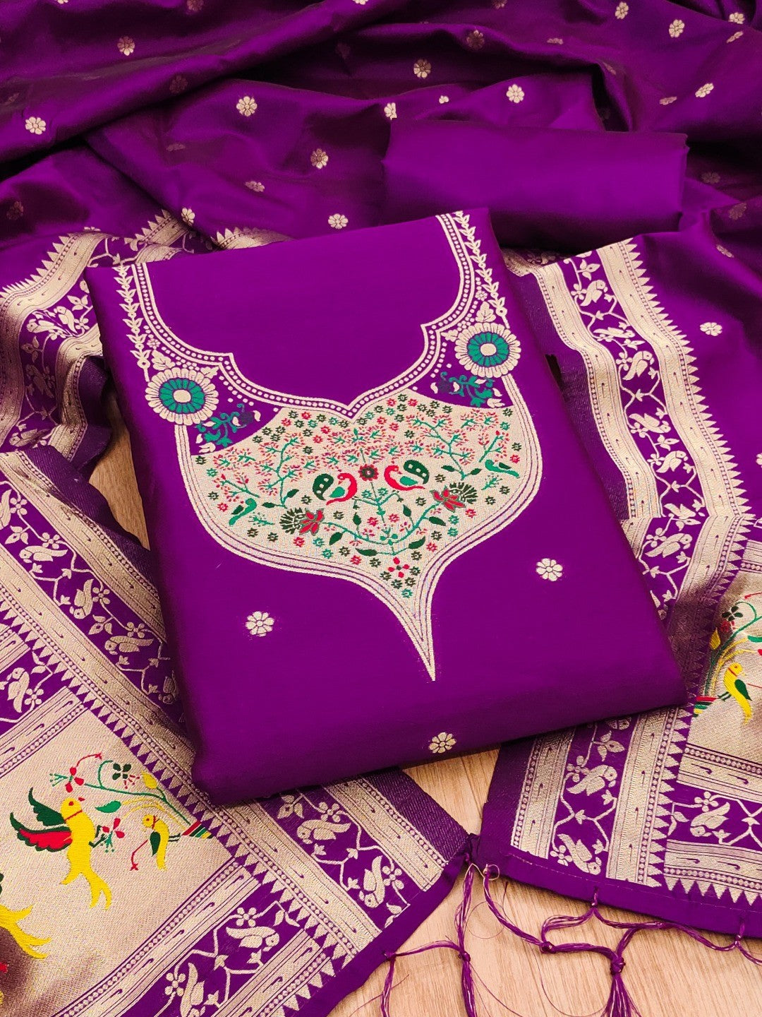 Elegant Purple Banarasi Silk Unstitched Dress Material with Dupatta - Image 1