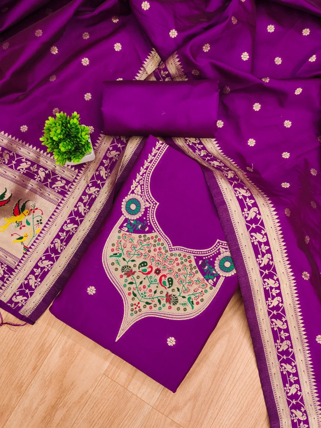 Elegant Purple Banarasi Silk Unstitched Dress Material with Dupatta - Image 3
