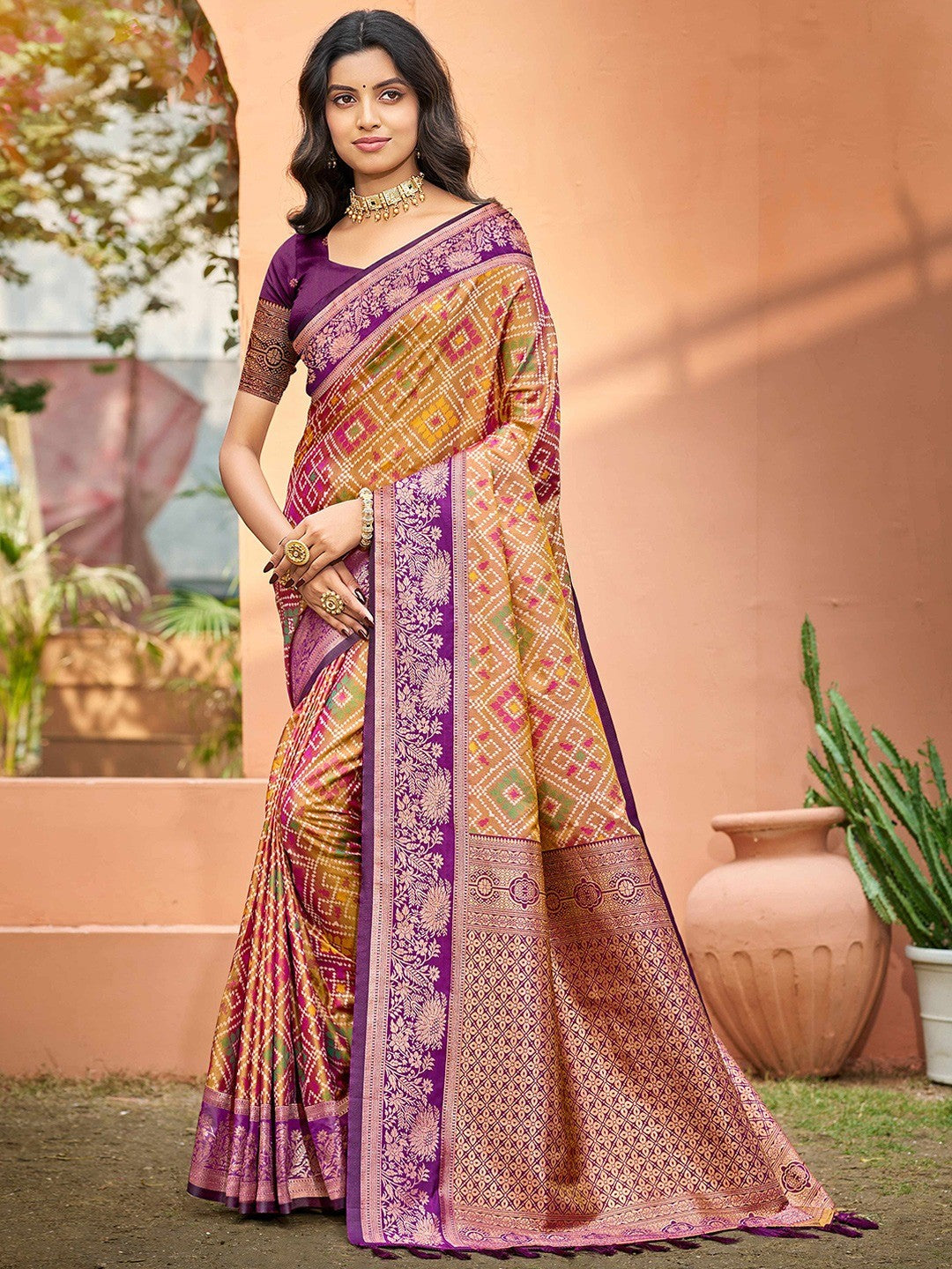 Timeless Dark Mustard Geometric & Floral Design Weaving Silk Blend Saree With Stylish Tassels Pallu - Image 1