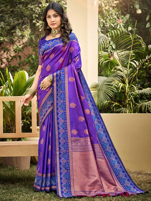 Classic Violet Floral Zari Weaving Silk Blend Saree With Fine Weaving Detailing - Image 1