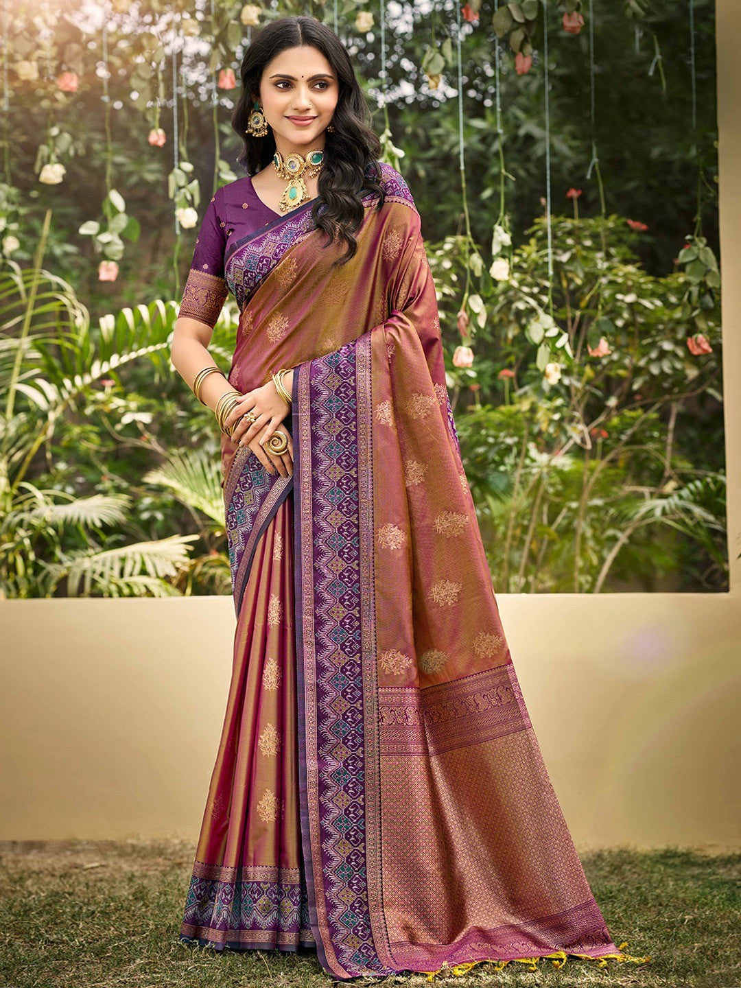 Classic Wine Floral Zari Weaving Silk Blend Saree With Fine Weaving Detailing - Image 1