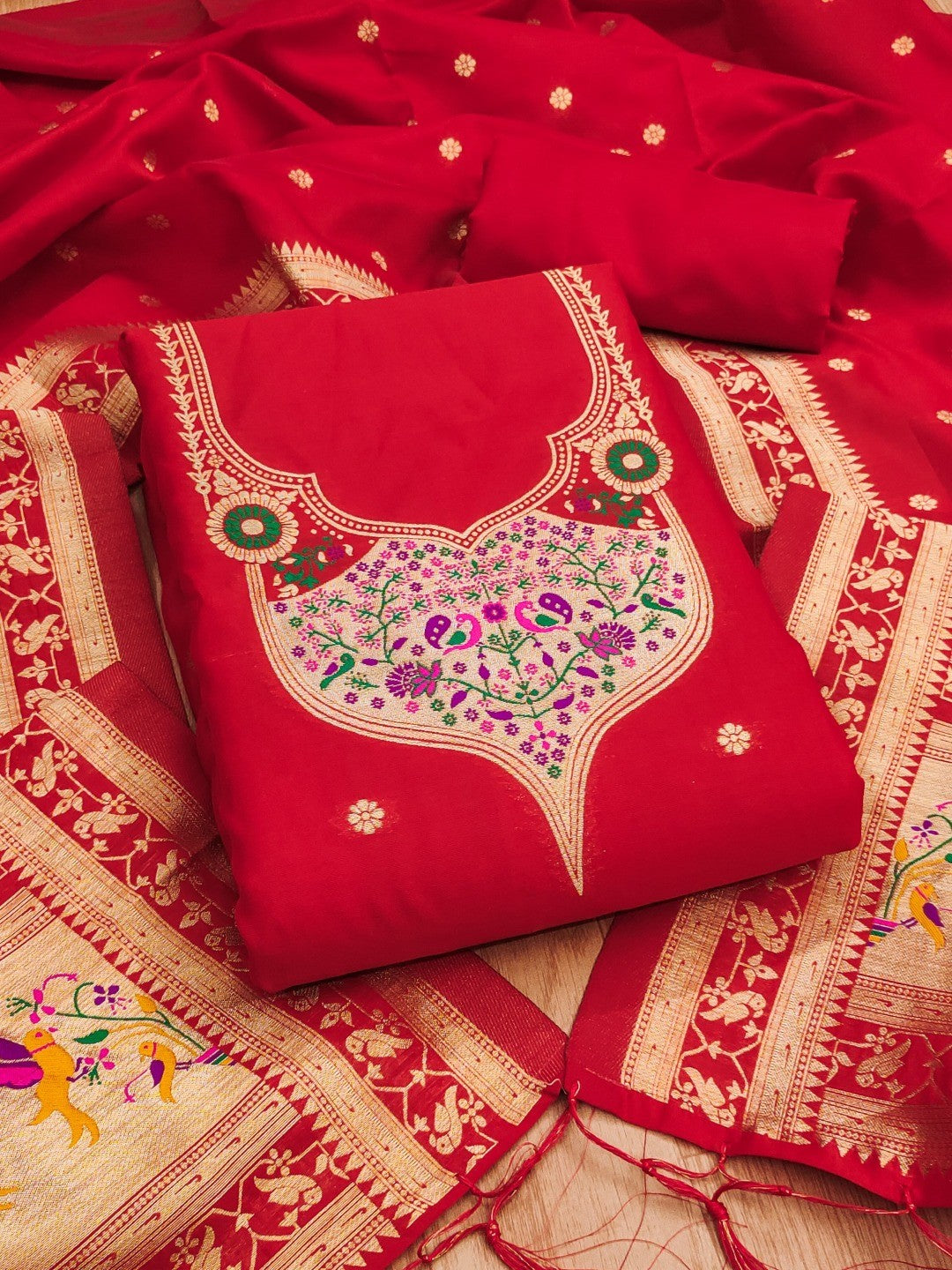 Elegant Red Banarasi Silk Unstitched Dress Material with Dupatta - Image 1