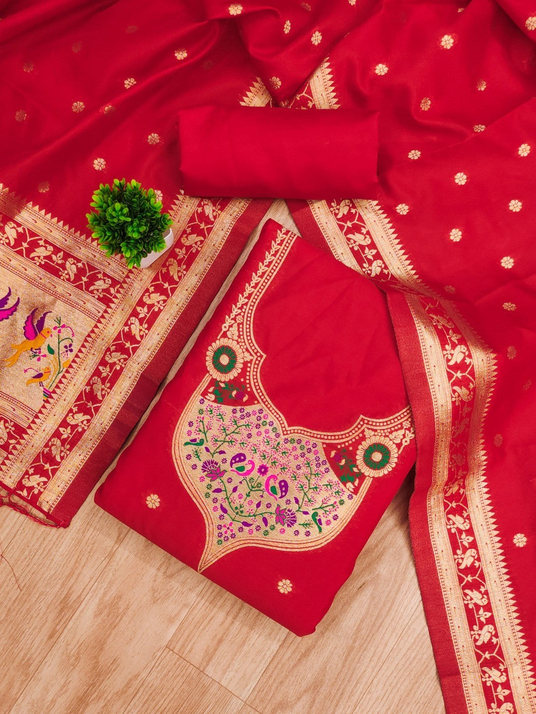 Elegant Red Banarasi Silk Unstitched Dress Material with Dupatta - Image 3