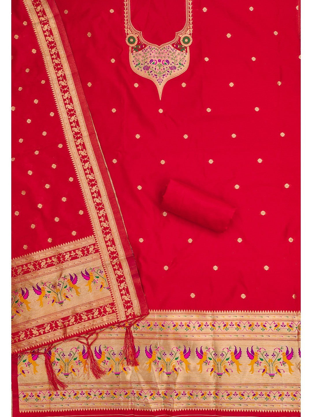 Elegant Red Banarasi Silk Unstitched Dress Material with Dupatta - Image 5