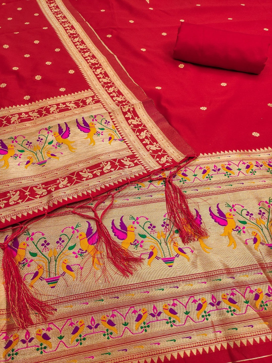 Elegant Red Banarasi Silk Unstitched Dress Material with Dupatta - Image 4