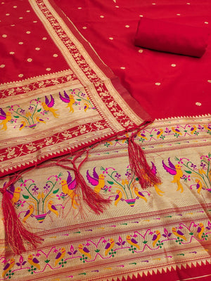Elegant Red Banarasi Silk Unstitched Dress Material with Dupatta - Image 2