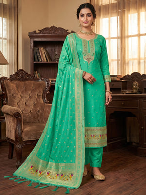 Elegant Sea Green Banarasi Silk Unstitched Dress Material with Dupatta - Image 2