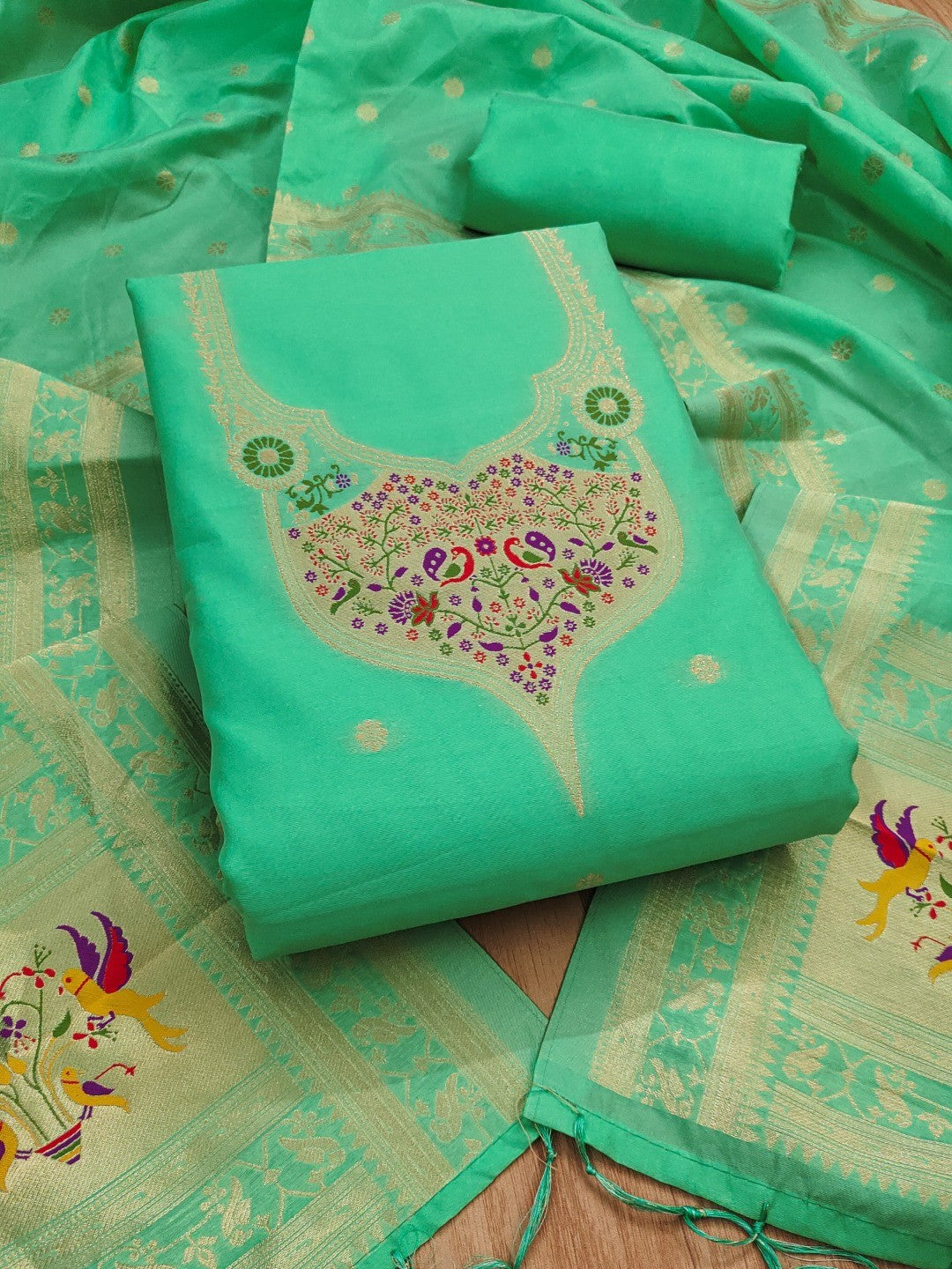 Elegant Sea Green Banarasi Silk Unstitched Dress Material with Dupatta - Image 1