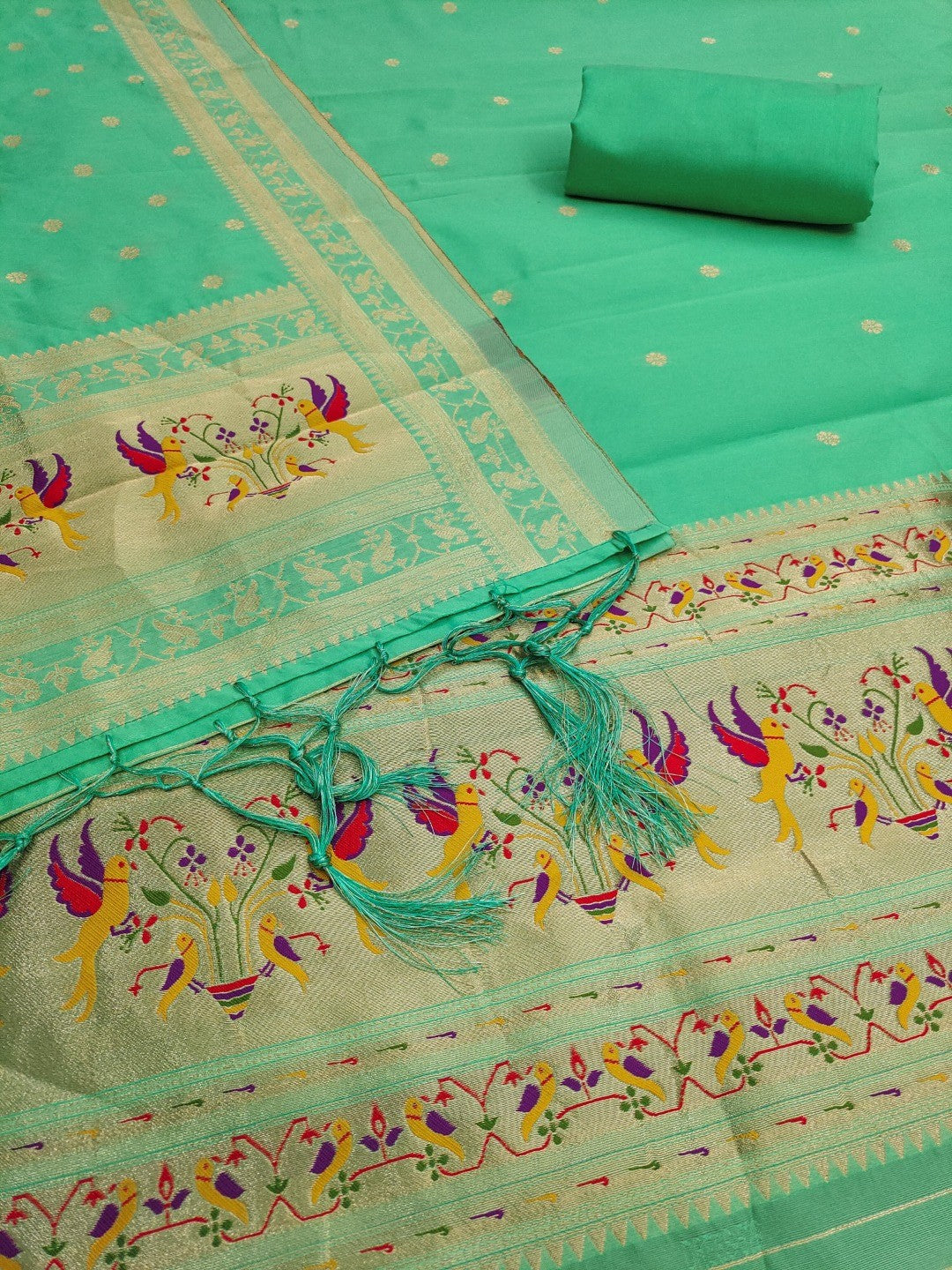 Elegant Sea Green Banarasi Silk Unstitched Dress Material with Dupatta - Image 3