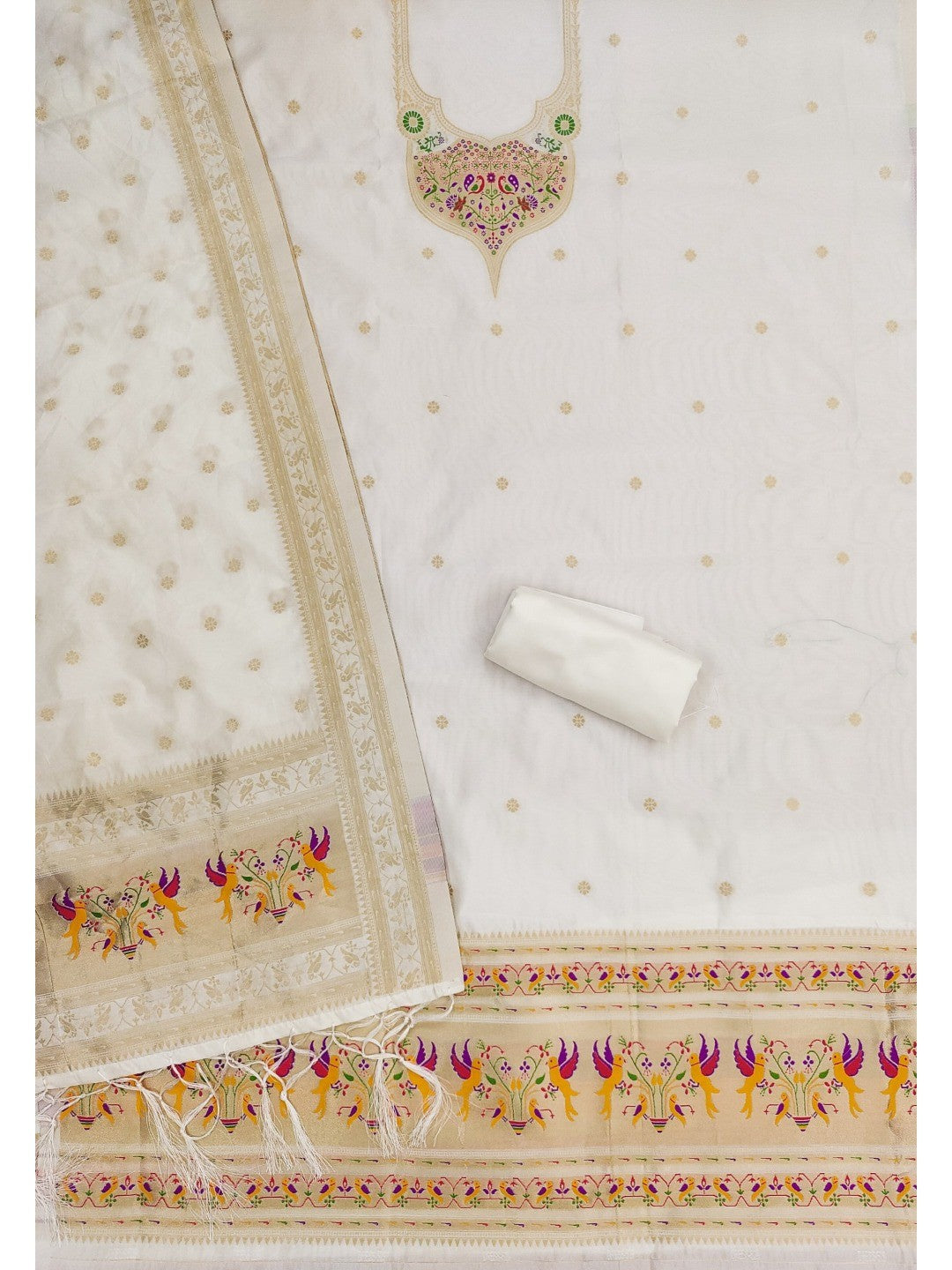 Elegant White Banarasi Silk Unstitched Dress Material with Dupatta - Image 1