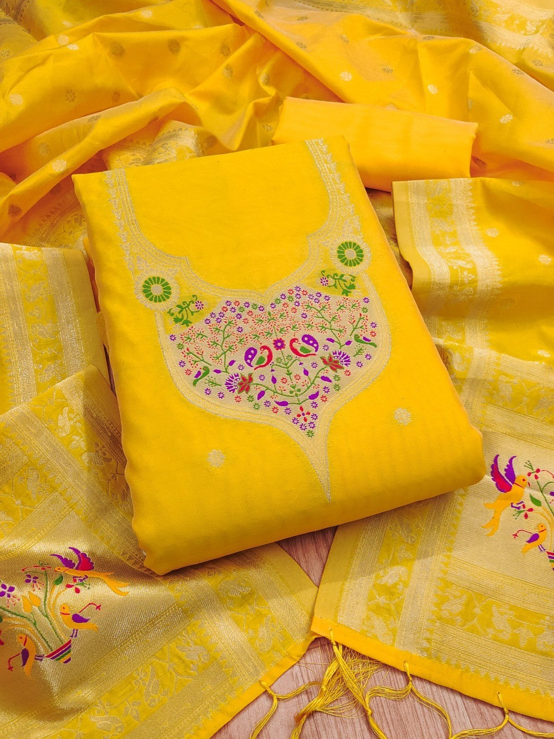 Elegant Yellow Banarasi Silk Unstitched Dress Material with Dupatta - Image 5