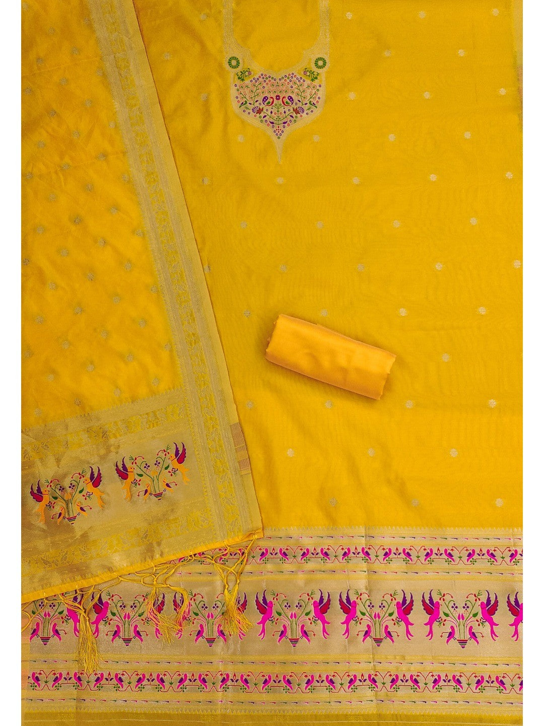 Elegant Yellow Banarasi Silk Unstitched Dress Material with Dupatta - Image 4