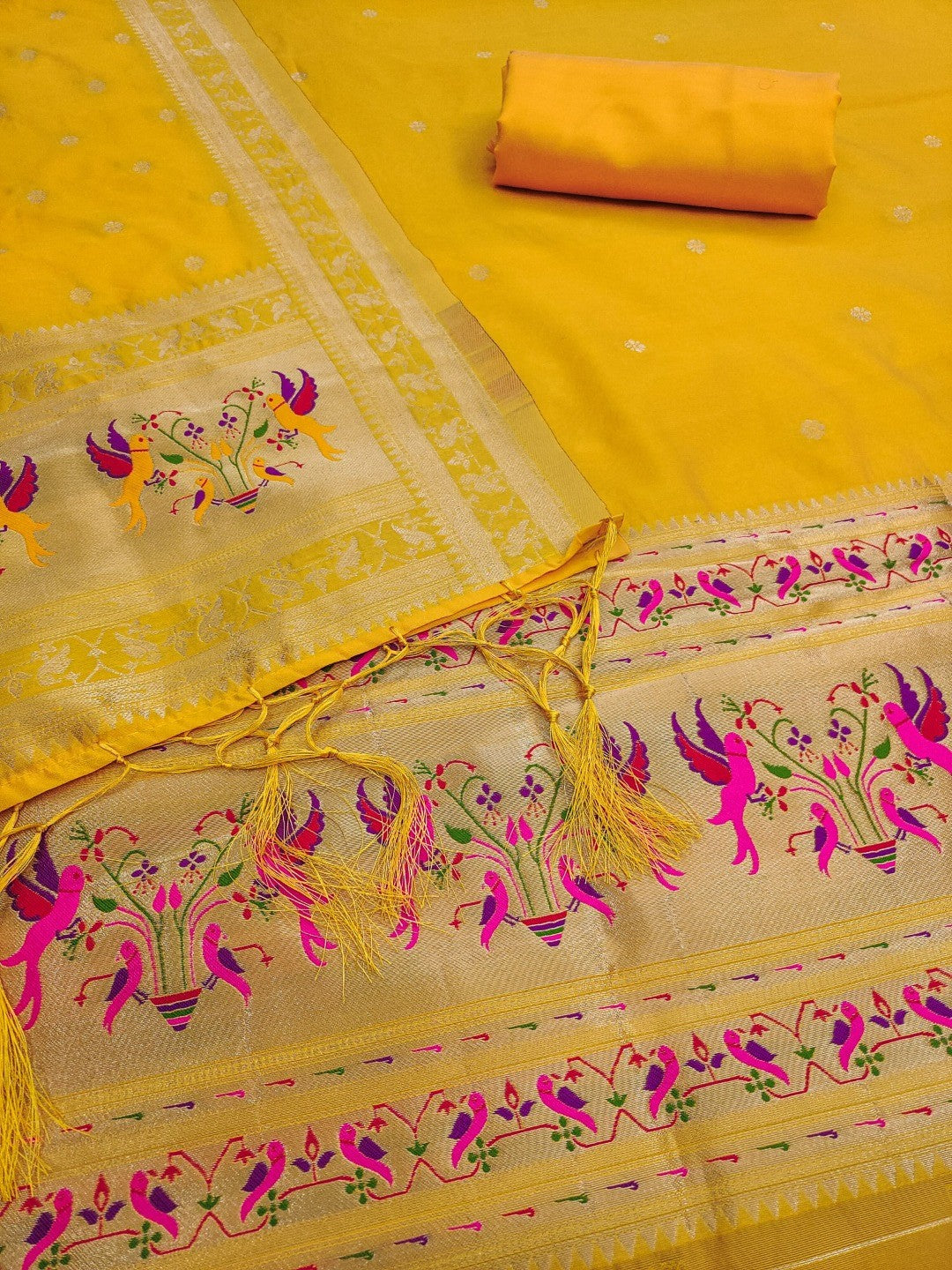 Elegant Yellow Banarasi Silk Unstitched Dress Material with Dupatta - Image 3