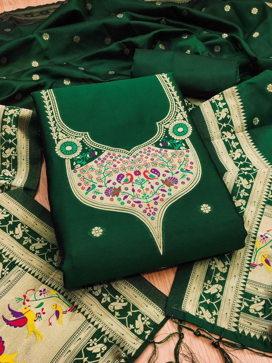 Elegant Bottle Green Banarasi Silk Unstitched Dress Material with Dupatta - Image 1