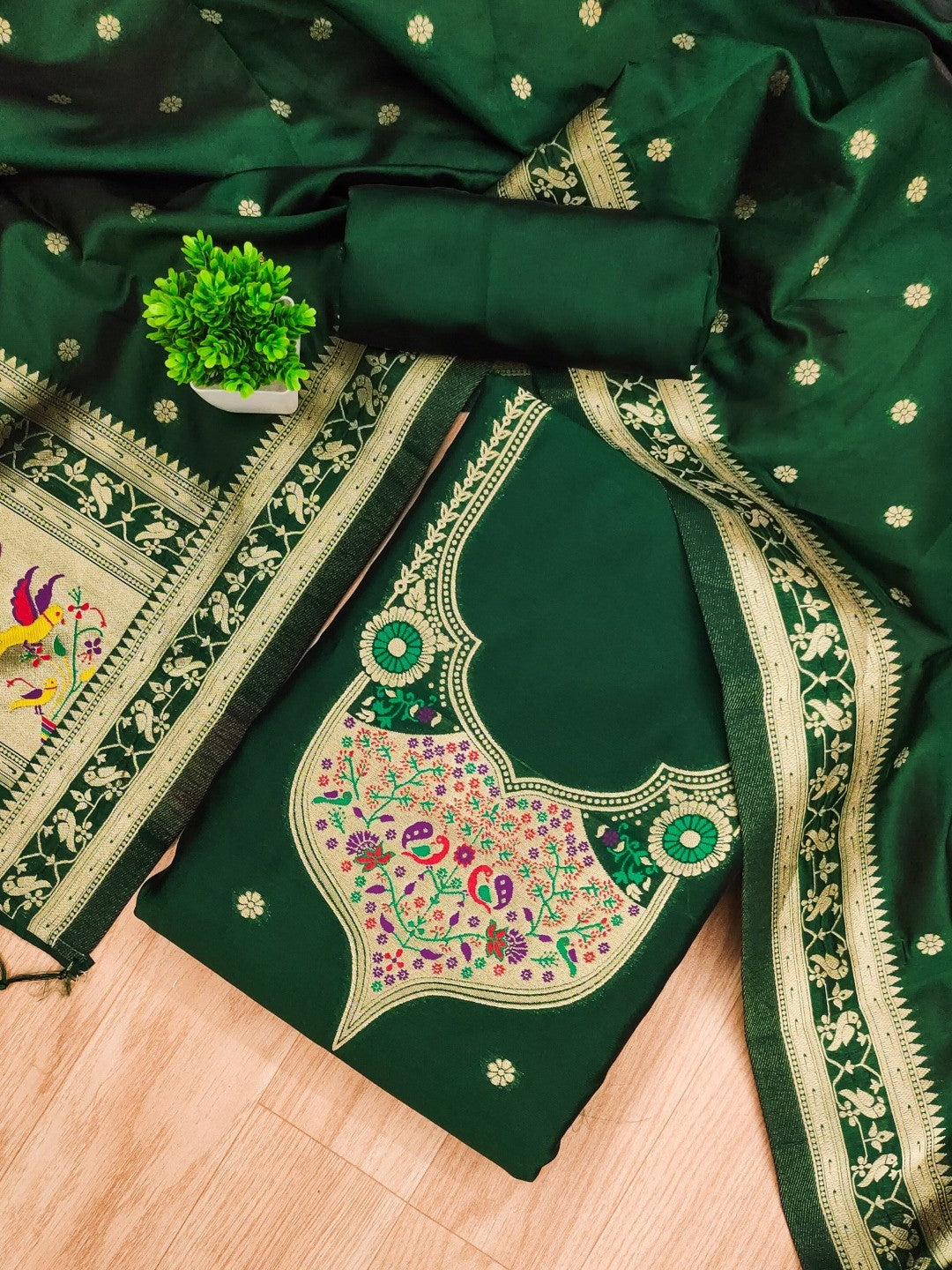 Elegant Bottle Green Banarasi Silk Unstitched Dress Material with Dupatta - Image 3