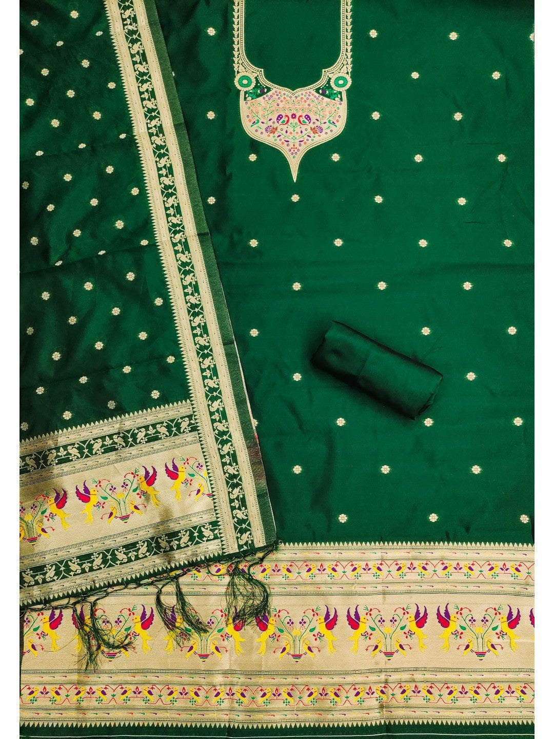 Elegant Bottle Green Banarasi Silk Unstitched Dress Material with Dupatta - Image 4
