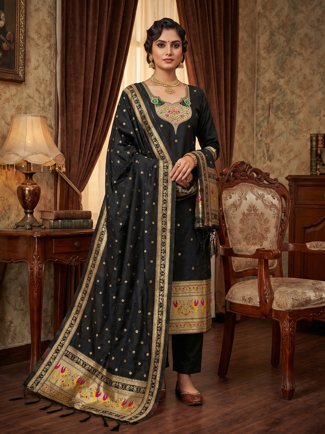 Elegant Black Banarasi Silk Unstitched Dress Material with Dupatta - Image 2