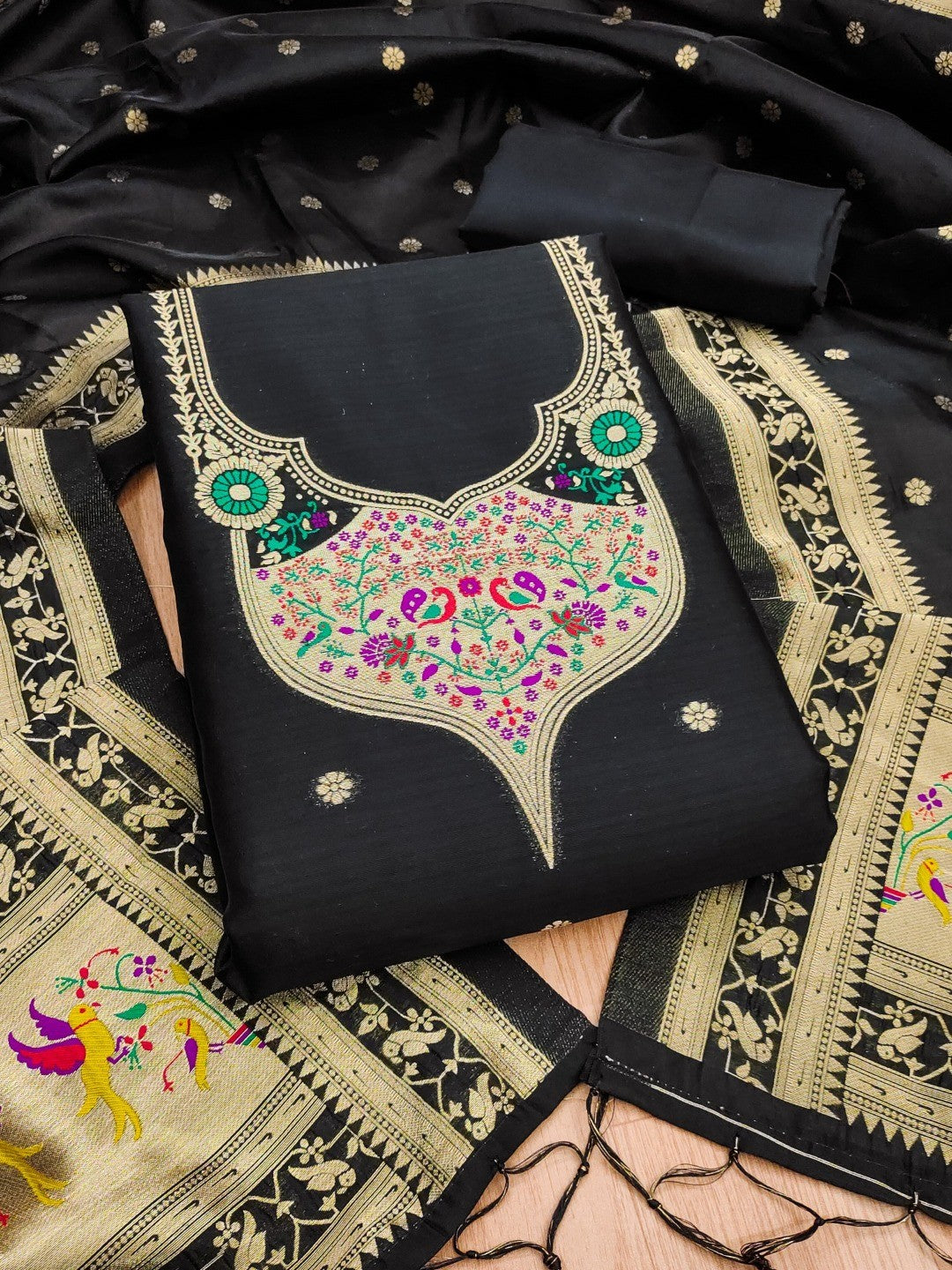 Elegant Black Banarasi Silk Unstitched Dress Material with Dupatta - Image 1