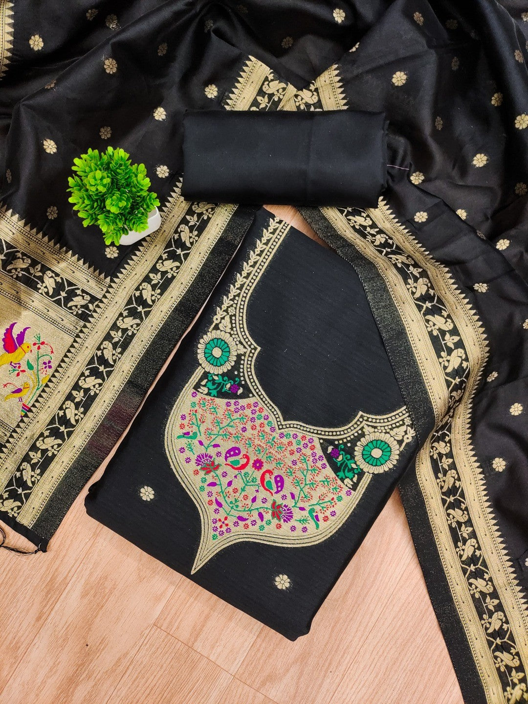 Elegant Black Banarasi Silk Unstitched Dress Material with Dupatta - Image 4