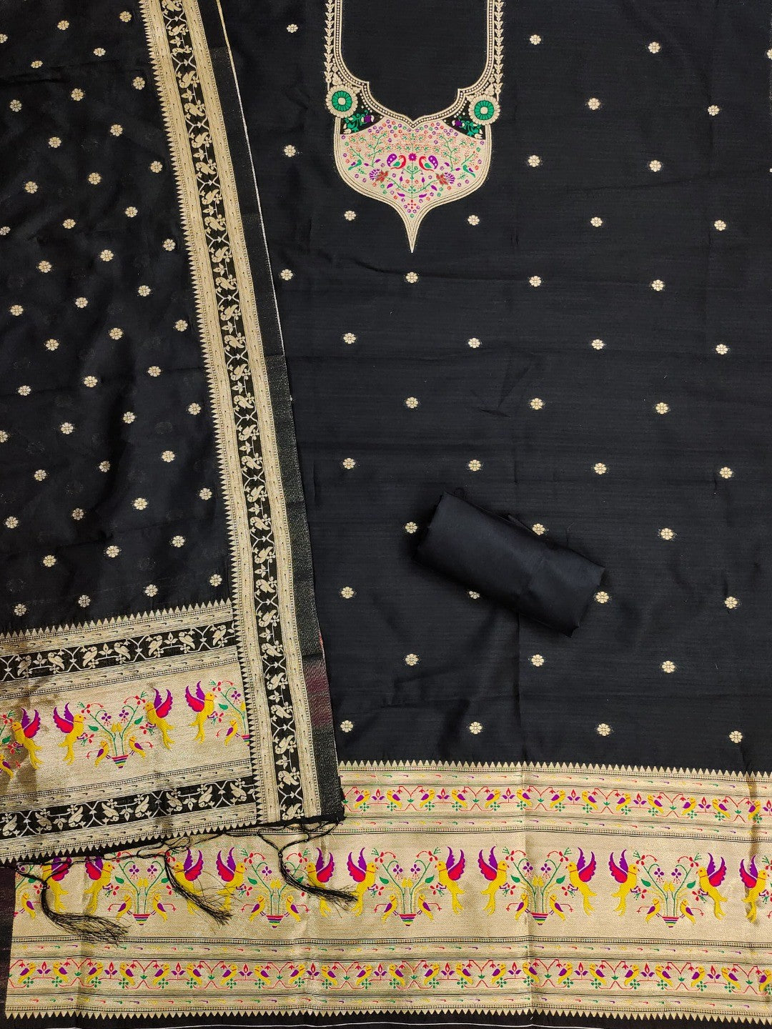 Elegant Black Banarasi Silk Unstitched Dress Material with Dupatta - Image 3