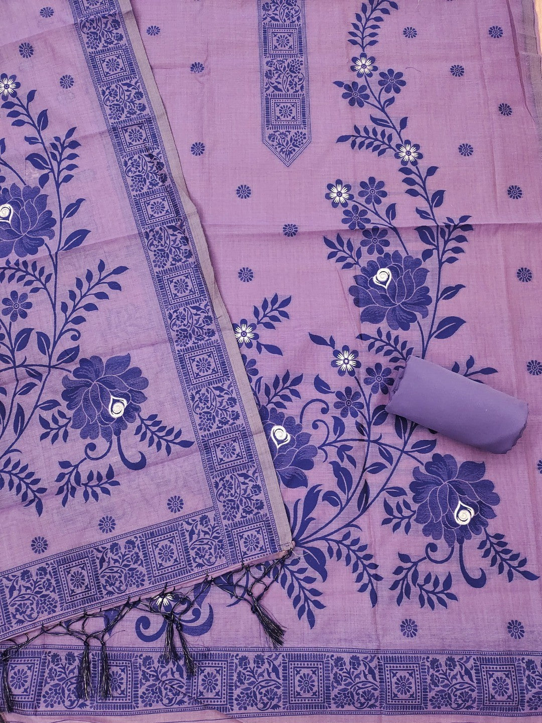 Purple Cotton Blend Dress Material with Floral Patterns and Jamdani Woven Detailing - Image 4