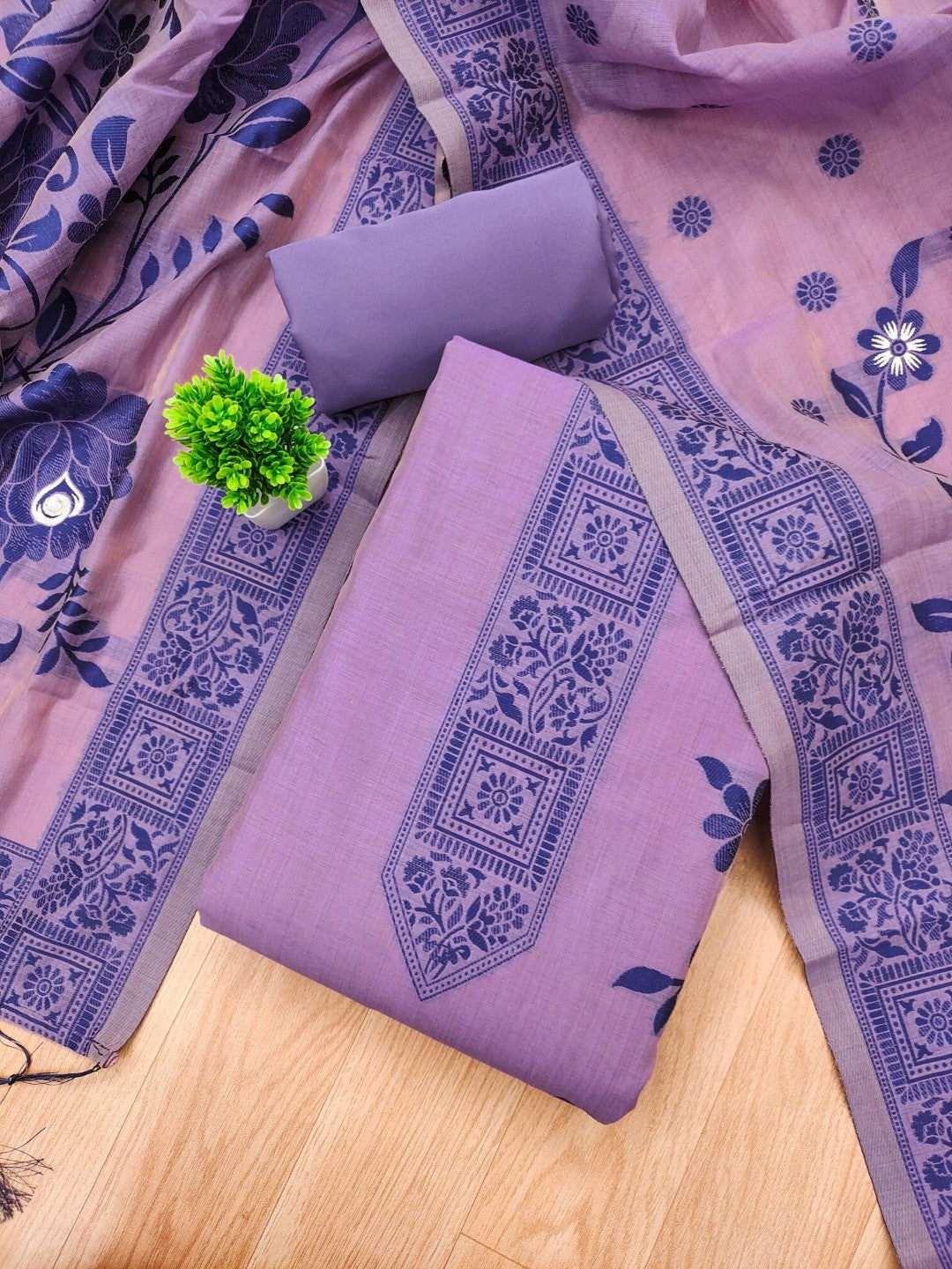 Purple Cotton Blend Dress Material with Floral Patterns and Jamdani Woven Detailing - Image 1