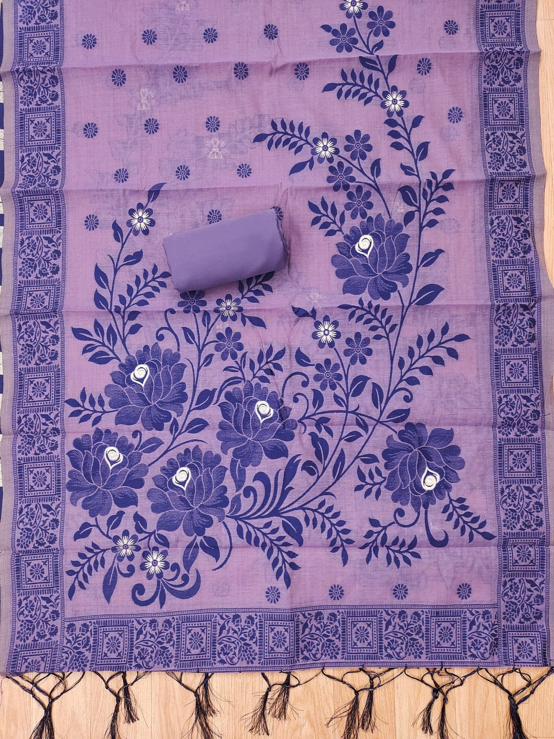 Purple Cotton Blend Dress Material with Floral Patterns and Jamdani Woven Detailing - Image 3