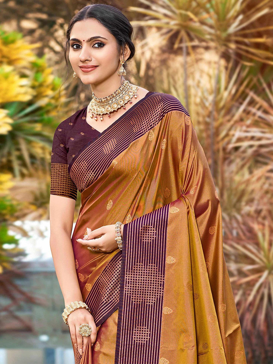 Graceful Golden Brown Zari Woven Silk Blend Saree With Floral Motif Detailing & Elegant Tassels Pallu - Image 4
