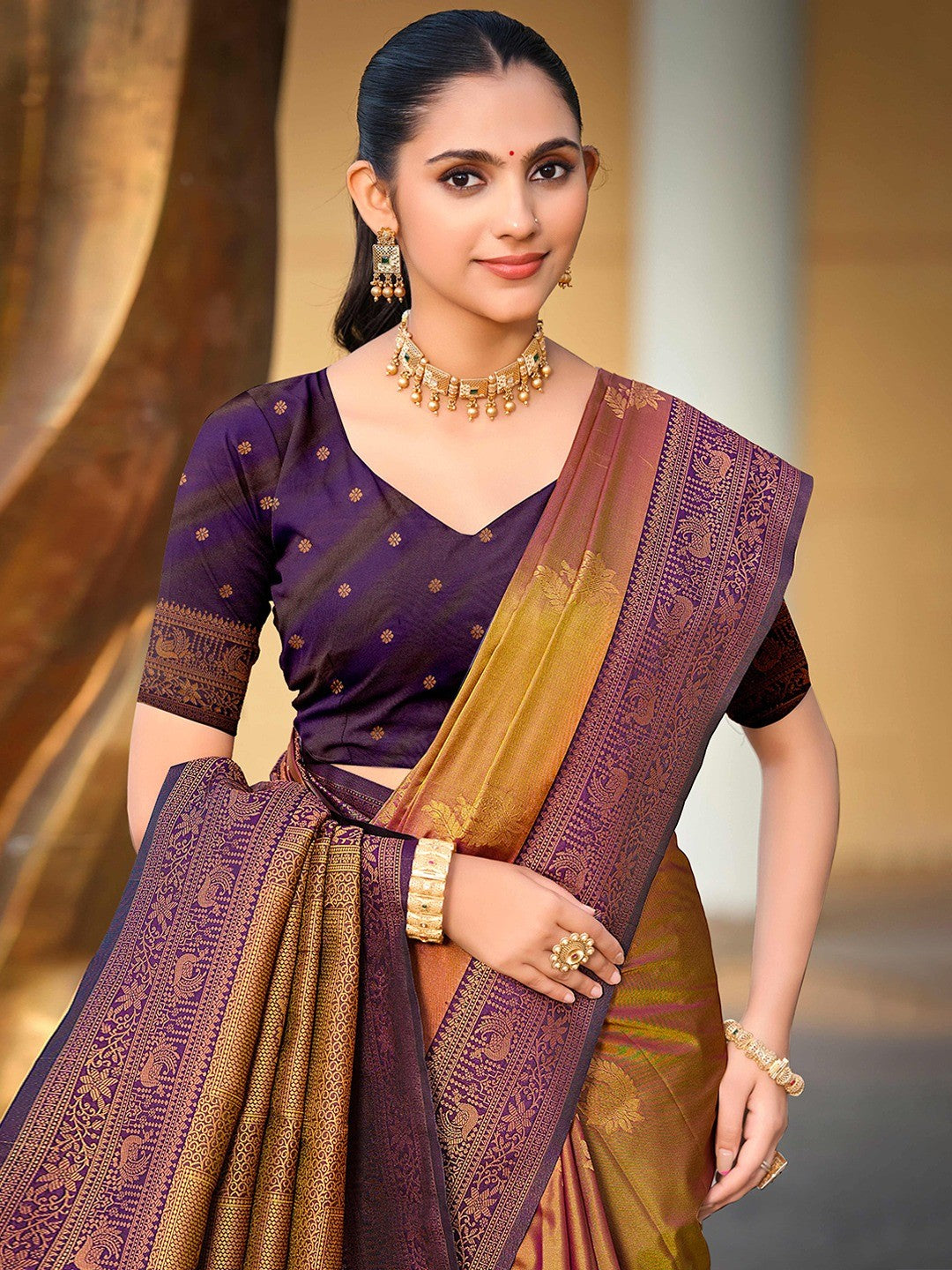 Classic Golden Brown Peacock & Floral Motif Zari Woven Silk Blend Saree With Decorative Tassel Pallu - Image 5