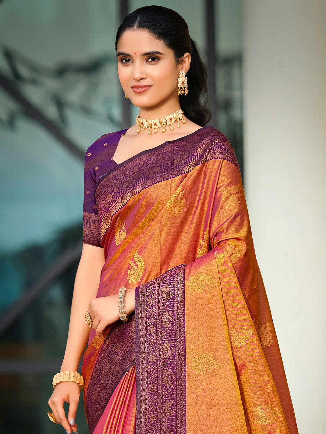 Classic Burnt Orange Peacock & Floral Motif Zari Woven Silk Blend Saree With Decorative Tassel Pallu - Image 3