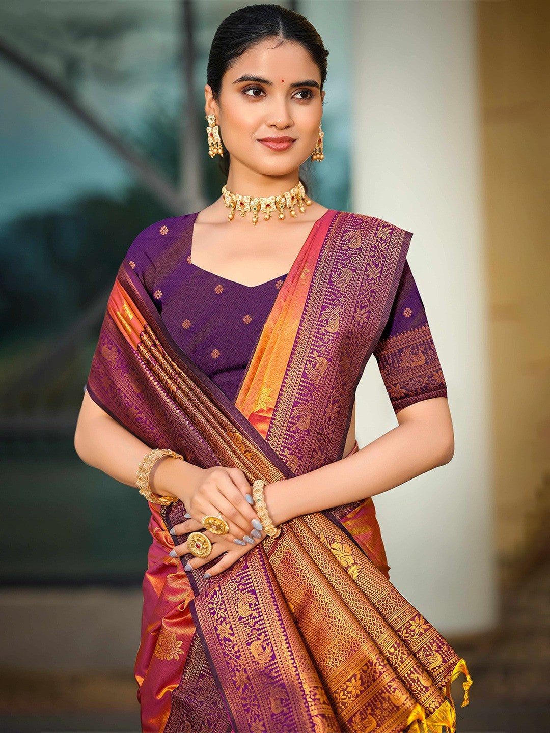 Classic Burnt Orange Peacock & Floral Motif Zari Woven Silk Blend Saree With Decorative Tassel Pallu - Image 4
