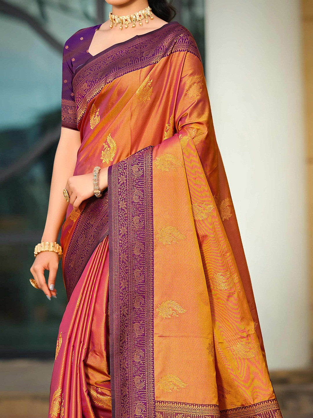Classic Burnt Orange Peacock & Floral Motif Zari Woven Silk Blend Saree With Decorative Tassel Pallu - Image 5