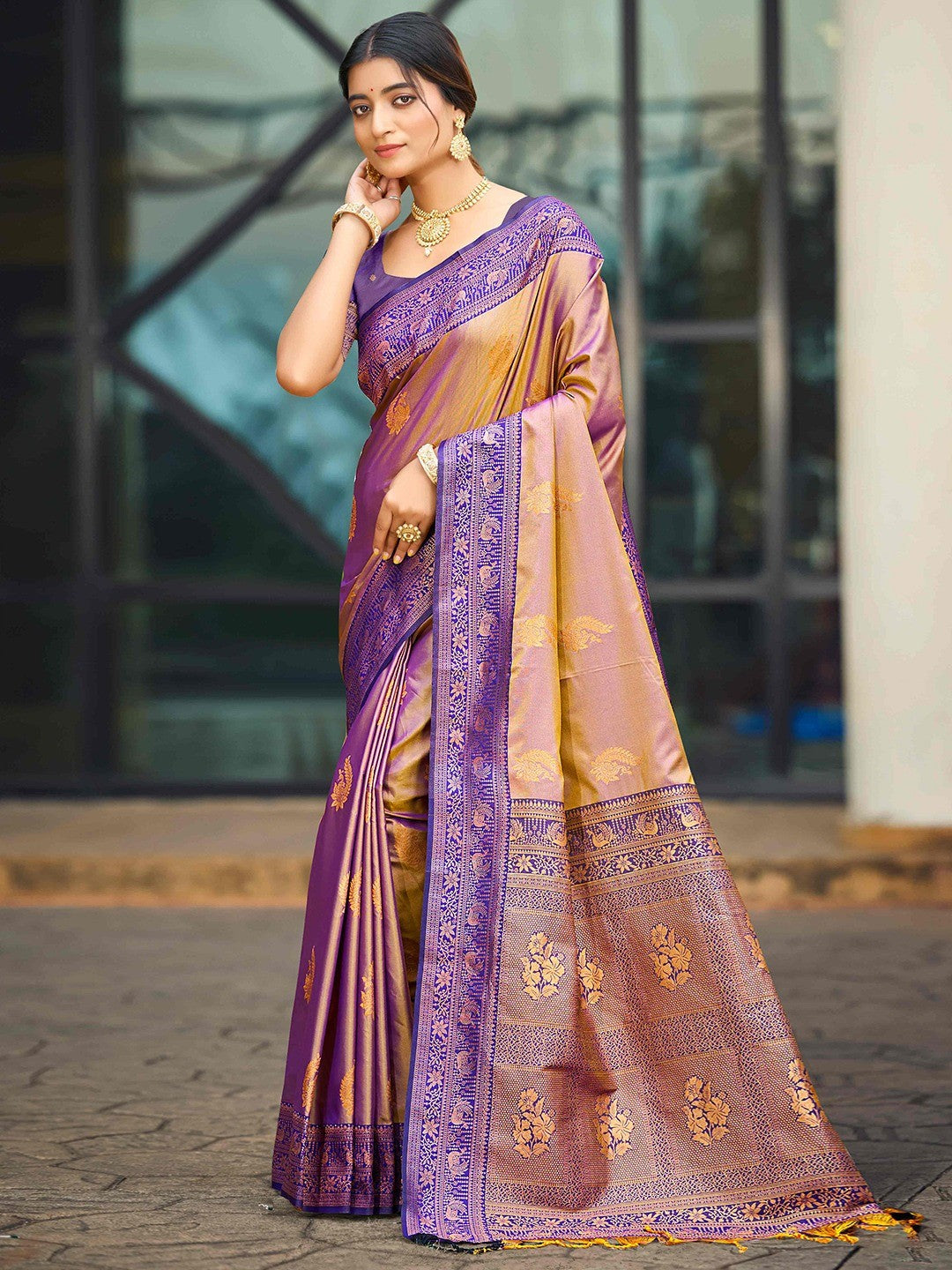 Classic Beige Peacock & Floral Motif Zari Woven Silk Blend Saree With Decorative Tassel Pallu - Image 1