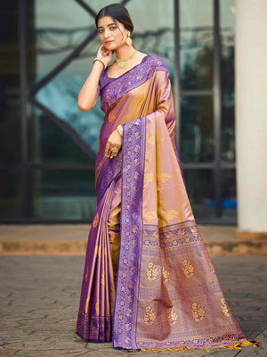 Classic Beige Peacock & Floral Motif Zari Woven Silk Blend Saree With Decorative Tassel Pallu - Image 1