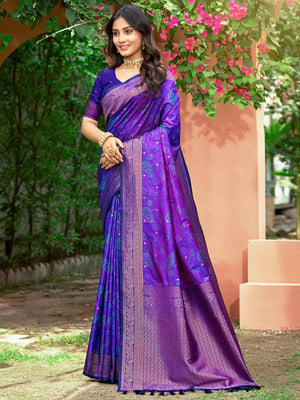 Luxury Violet Zari Woven Silk Blend Saree With Paisley Motif Border & Attractive Tassel Pallu - Image 1