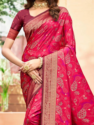 Luxury Pink Zari Woven Silk Blend Saree With Paisley Motif Border & Attractive Tassel Pallu - Image 2