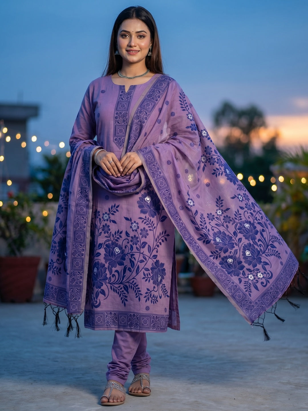 Purple Cotton Blend Dress Material with Floral Patterns and Jamdani Woven Detailing - Image 1