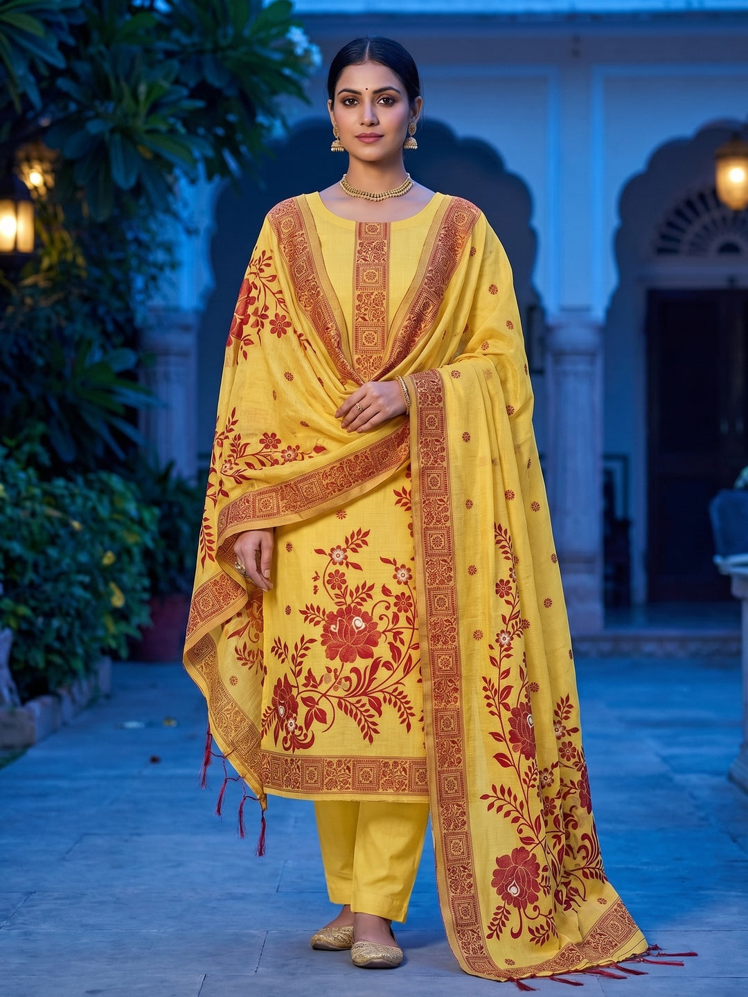 Yellow Cotton Blend Dress Material with Floral Patterns and Jamdani Woven Detailing - Image 1