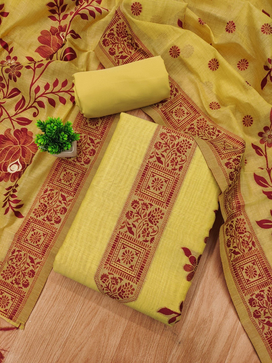 Yellow Cotton Blend Dress Material with Floral Patterns and Jamdani Woven Detailing - Image 4